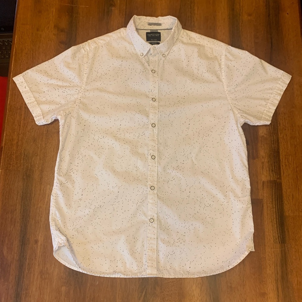 Denim & Flower Men’s Large White Speckled Short Sleeve Shirt Slim Fit 100% Cotto